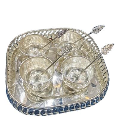 indiancraftbykanika German Silver Dessert/Sweet Tray Set with Bowls and Spoons for Snacks/Gift Item/Gift Item
