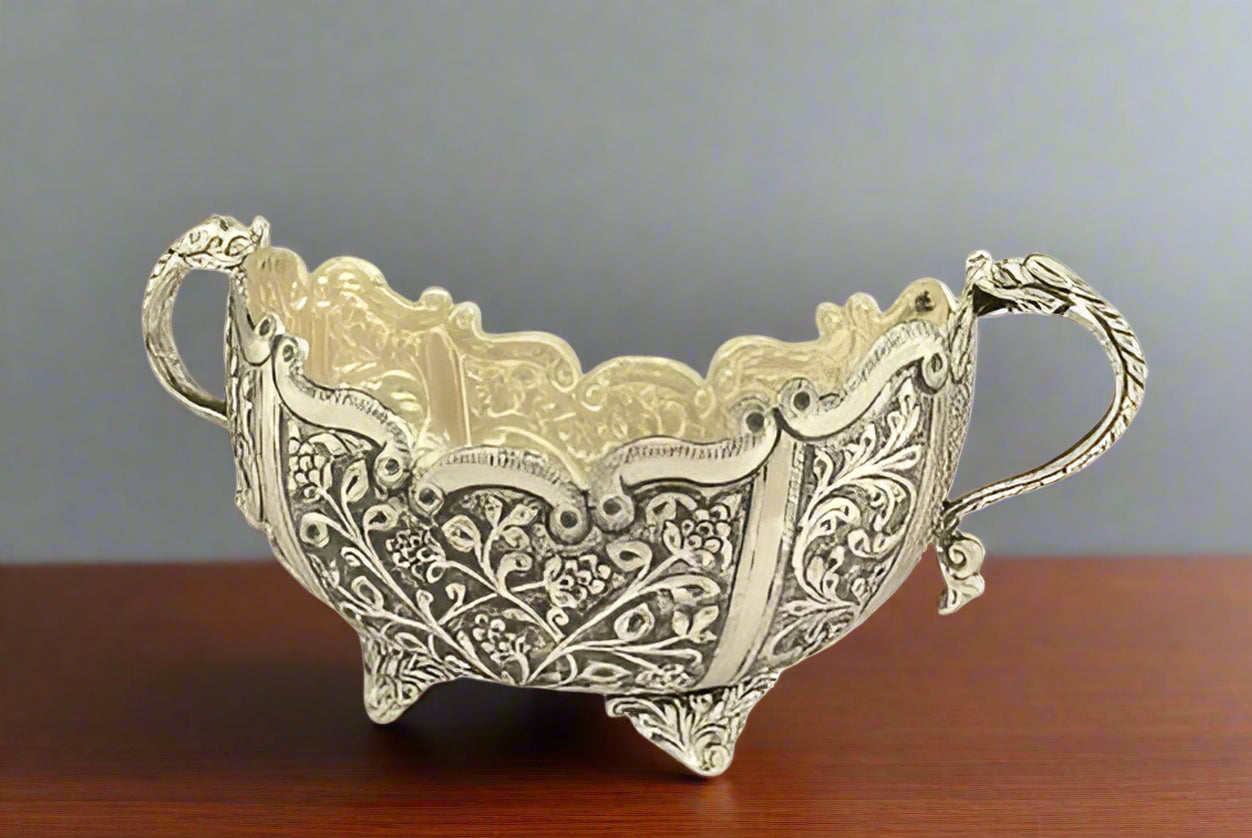 German silver fully carved bowl with handle for snacks/fruits/urli/home décor
