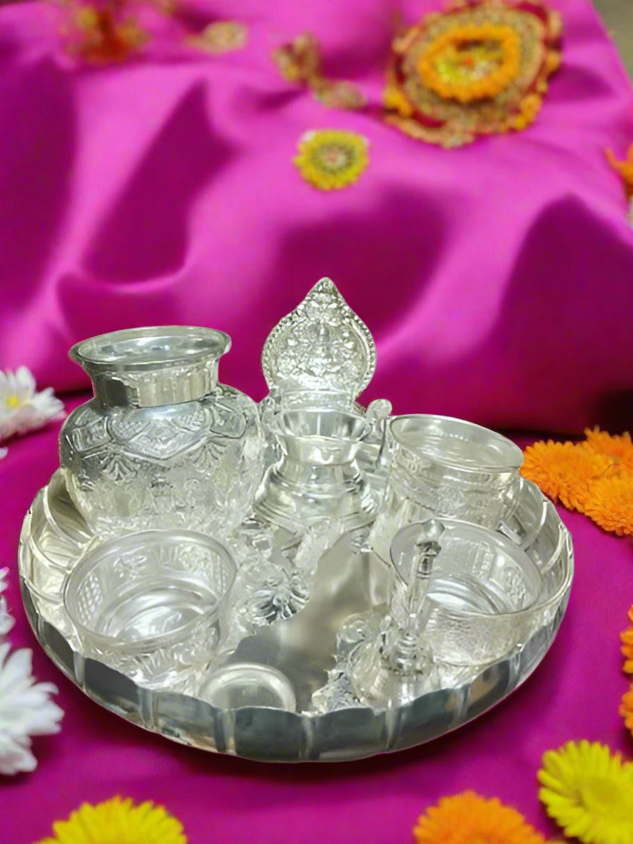 Pure German Silver Set of 8 Pieces Pooja thali Set