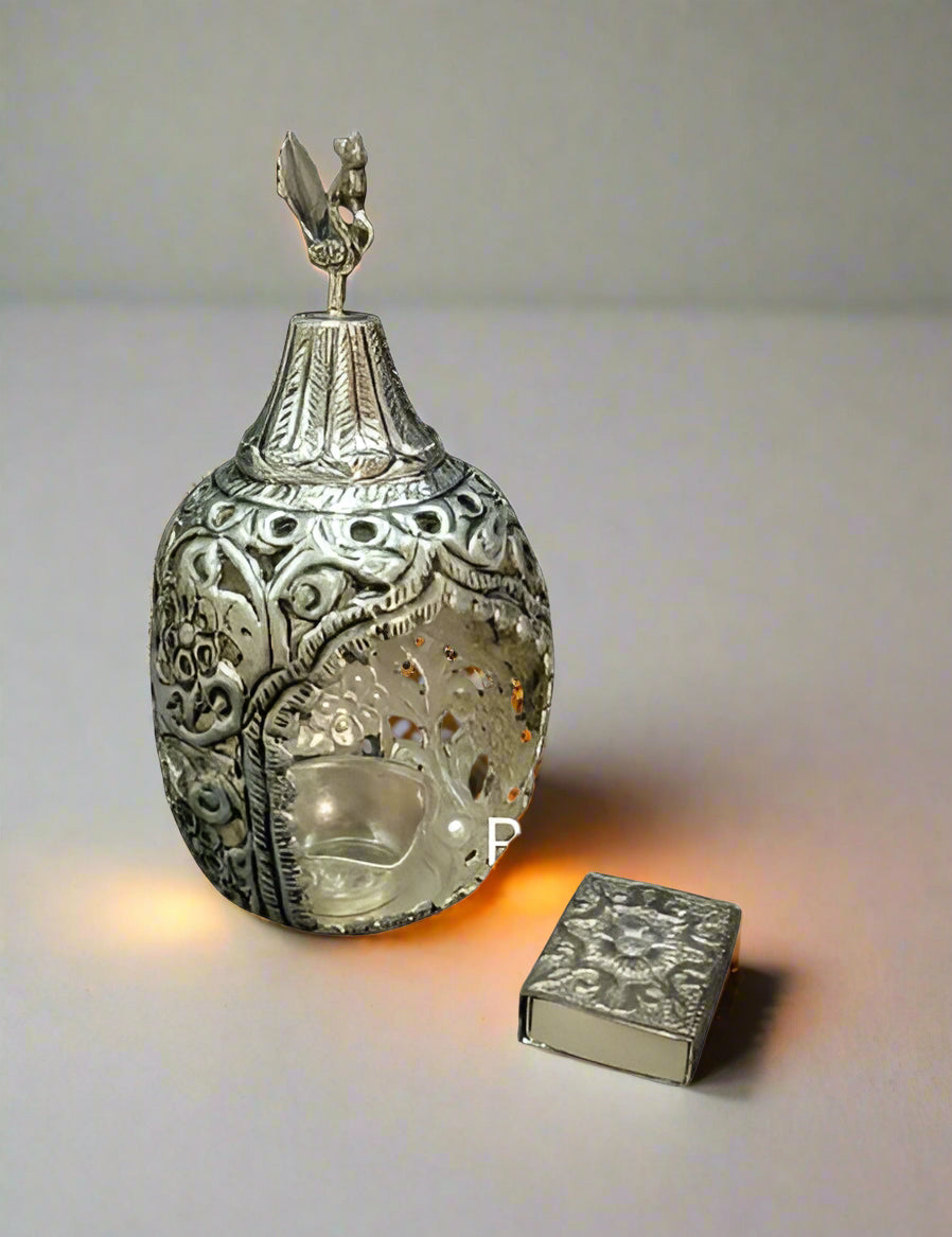 German Silver 1 Peacock Diya with Match Box Cover