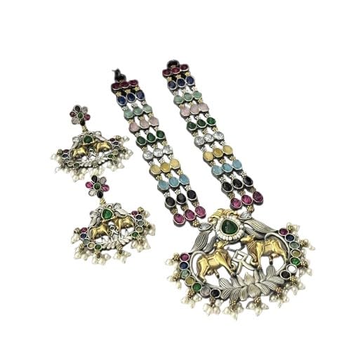 indiancraftsbykanika oxidized kamdhenu cow multicolor long necklace set with matching earrings for women