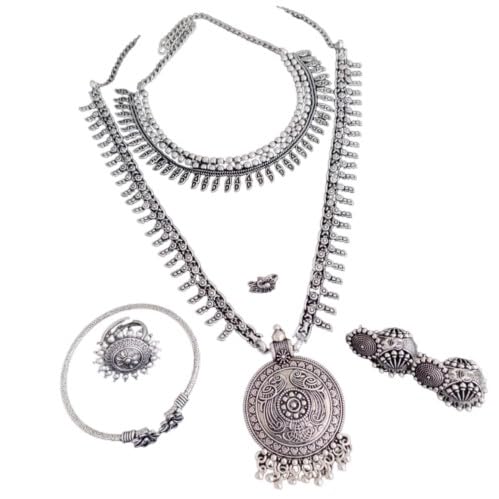Germán silver oxidized combo jewelry necklace set - 2 necklaces with earrings, nose pin, adjustable bracelet and ring