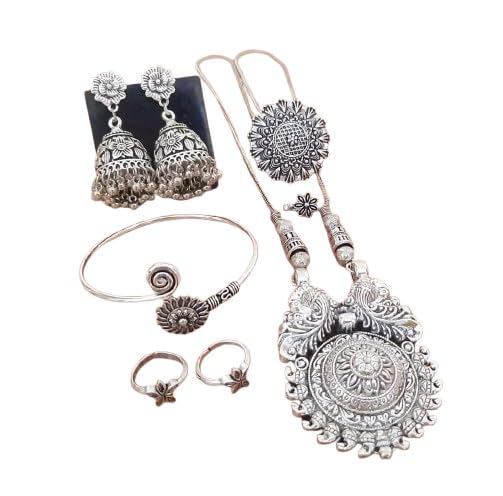 indiancraftsbykanika oxidized double peacock pendant set with matching earrings, bracelet, adjustable ring, toe ring, nose pin, 8 pieces set