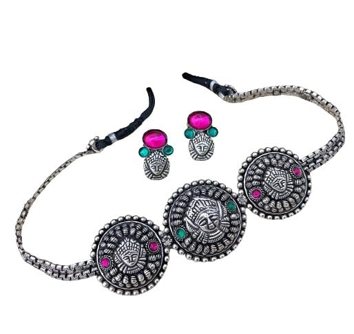 indiancraftsbykanika presents oxidized durga choker necklace set with matching earrings