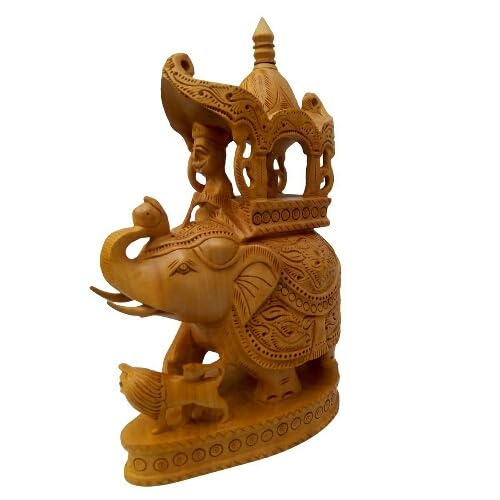 Handmade 8" Wood Carving Handmade Ambari Elephant Undercut Statue with Animal Figurines