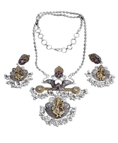 indiancraftsbykanika oxidised ganesh with stone work necklace with matching earrings for women