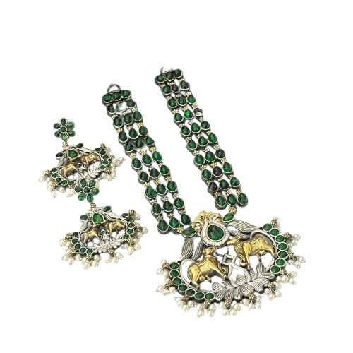 indiancraftsbykanika oxidized kamdhenu cow green color long necklace set with matching earrings for women