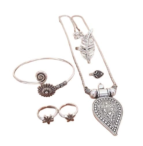 indiancraftsbykanika oxidized leaf pendant set with matching earrings, bracelet, adjustable ring, toe ring, nose pin, 8 pieces set