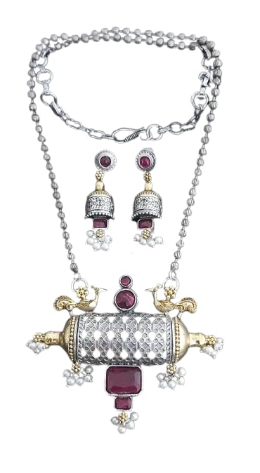 indiancraftsbykanika oxidized silver pendant necklace with matching earrings for women, color : red