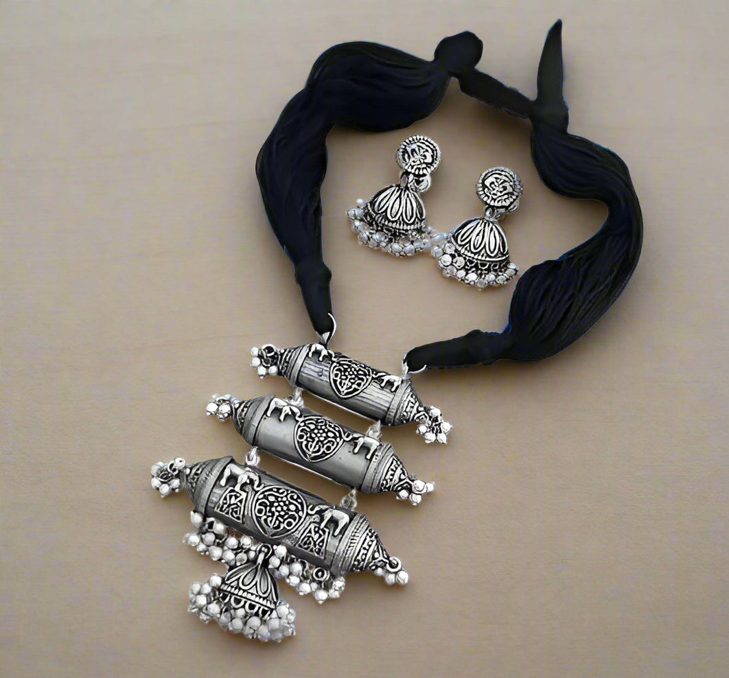 oxidized elephant pearl thread work pendant necklace with matching jhumki earrings