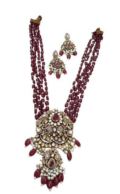 indiancraftsbykanika presents 4 layered red color stone mala parrot long pendant necklace jewelery set with matching earrings