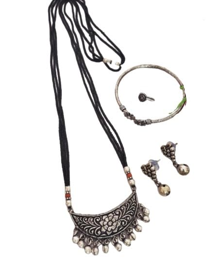 german silver black finish with black beaded combo necklace set with matching earrings, openable bracelet,nose pin