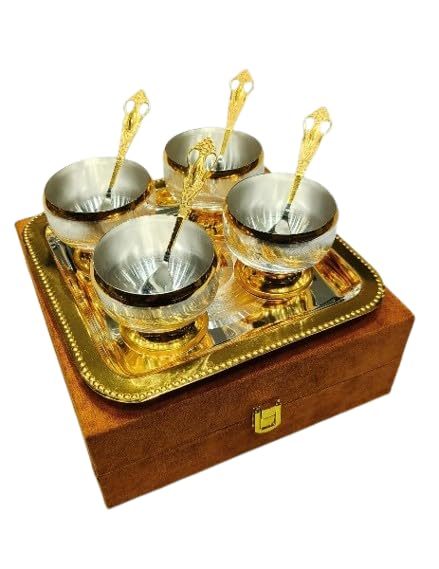 indiancraftsbykanika Silver plated ice cream bowl set with tray and spoons for home/gift item