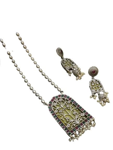 indiancraftsbykanika oxidized necklace with yellow color matching earrings for women/gift for her