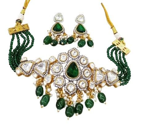 indiancraftsbykanika presents beautiful jadau kundan with green stone choker necklsace set with matching earrings, silver