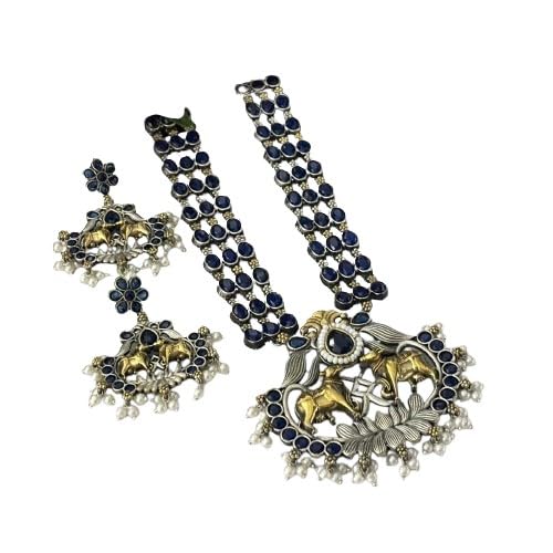 indiancraftsbykanika oxidized kamdhenu cow blue color long necklace set with matching earrings for women