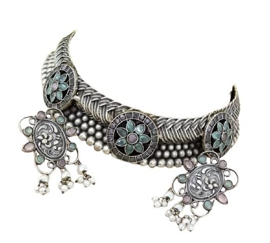 Germán silver multicolor stone choker necklace set with matching earrings with pearl drop.