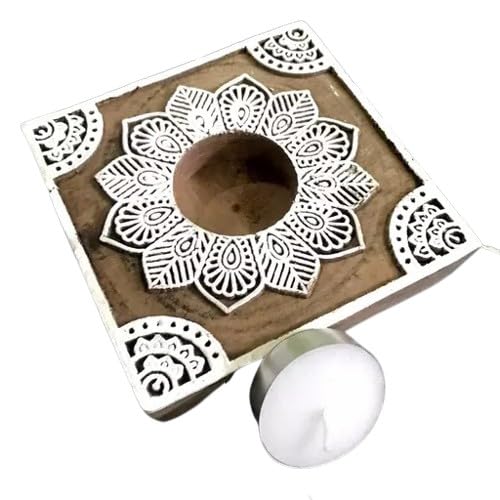 Sqaure shapoe Wooden Flower Set of 10 Tea Light Holder with 50 Wax Tea Lights for Home Decor on Festival/New Year/Wedding