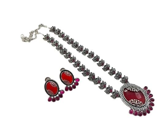indiancraftsbykanika oxidized red color stone with matching earrings for women goes with any attire