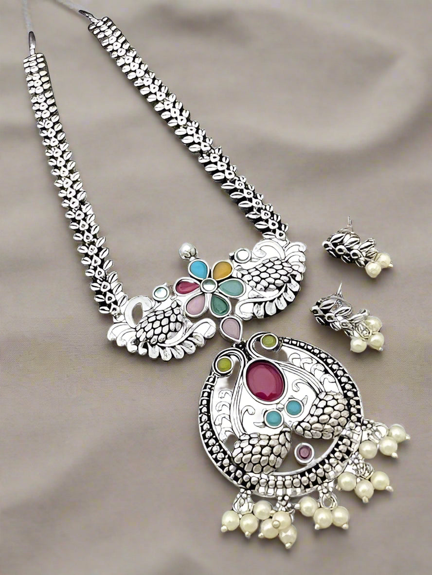 oxidized peacock design with pearl drop long necklace set with matching earrings