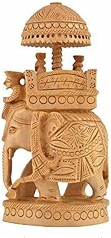 indiancraftsbykanika A Beautiful Handmade 8"" Wood Carving Handmade Ambari Elephant Undercut Statue with Animal Figurines Showpiece Gifts, Brown, 210521ze