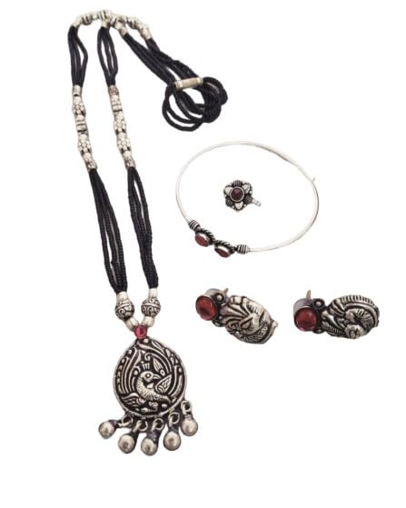 german silver black finish necklace set with matching earrings, openable bracelet,nose pin