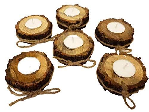 Wooden Handmade bark Tea Light Candle Holder with Thread tie with 8 Wax Tea Lights