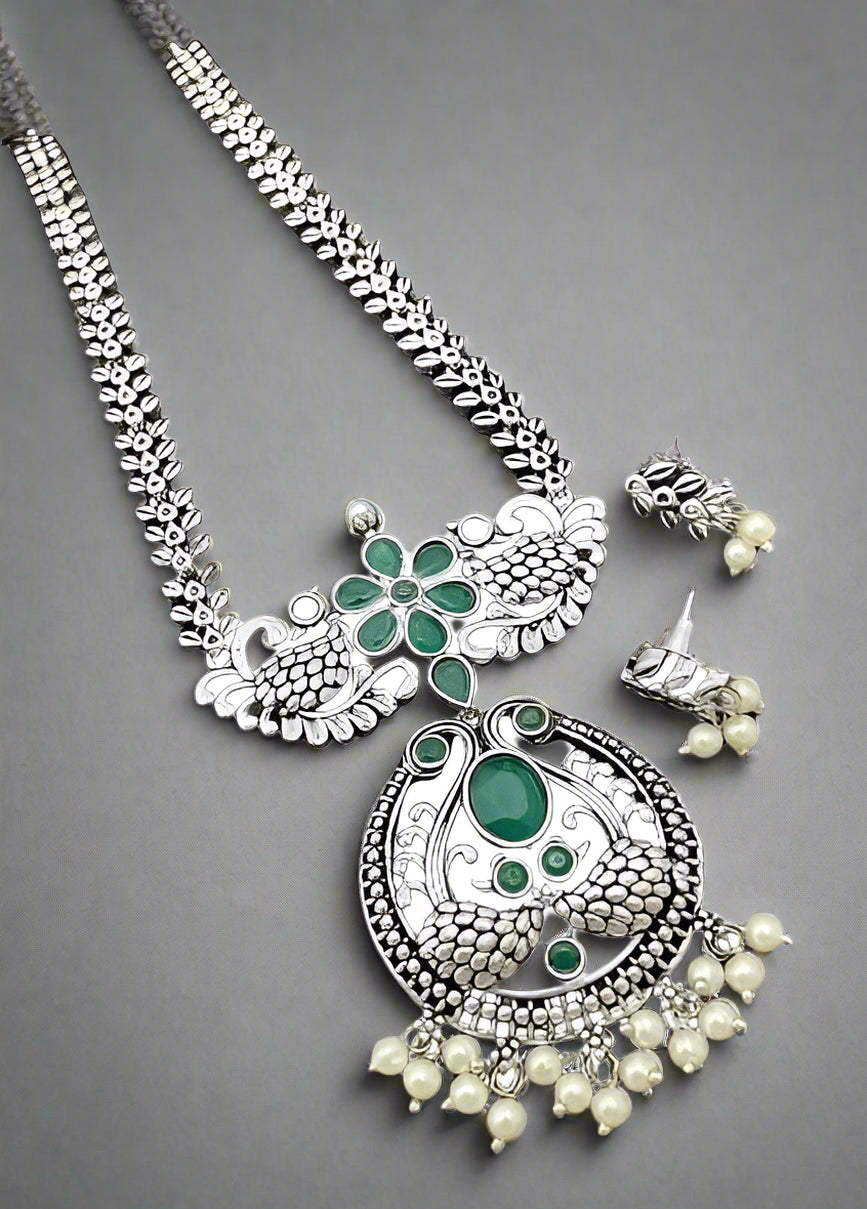 oxidized peacock design with pearl drop long necklace set with matching earrings