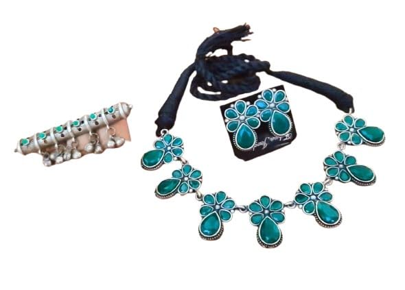 indiancraftsbykanika oxidized green stones flower design necklace set with matching earrings and adjustable ring, 3 pieces set