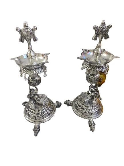 Silver Plated Antique German Silver Washable Elephant Dancing Diya with shanku and Elephant Legs and Chakra Pair, 9"