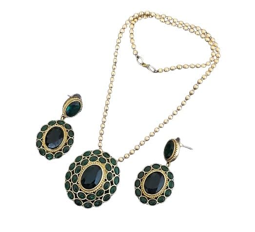 indiancraftsbykanika green color stone pendant necklace set with matching earrings for women goes with any attire