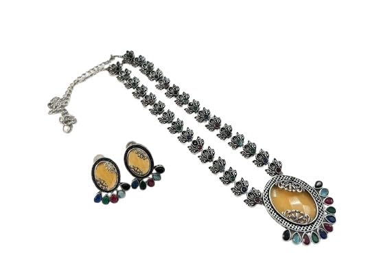 indiancraftsbykanika oxidized yellow color stone with matching earrings for women
