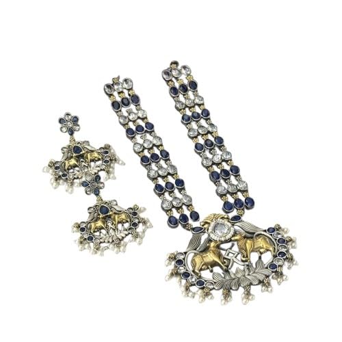 indiancraftsbykanika oxidized kamdhenu cow blue and silver color long necklace set with matching earrings for women