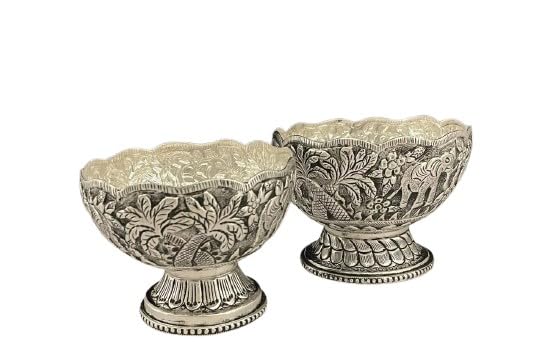 indiancraftsbykanika German silver set of 2 jungle theme carving bowl for fruits/sweets/snacks/home decor