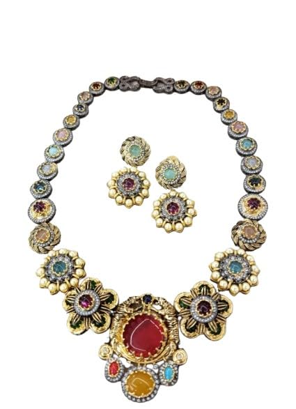 indiancraftsbykanika presents multicolor long flower necklace jewelry set with matching earrings, silver