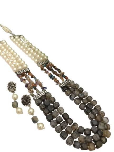 indiancraftsbykanika pearl with stone 3 layered necklace set with matching earrings