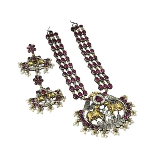 indiancraftsbykanika oxidized kamdhenu cow pink color long necklace set with matching earrings for women