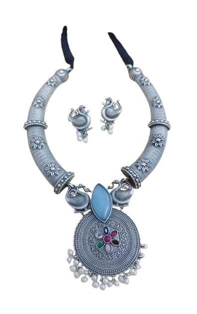 indiancraftsbykanika oxidized pearl work hasli blue stone necklace jewelry set with matching earrings