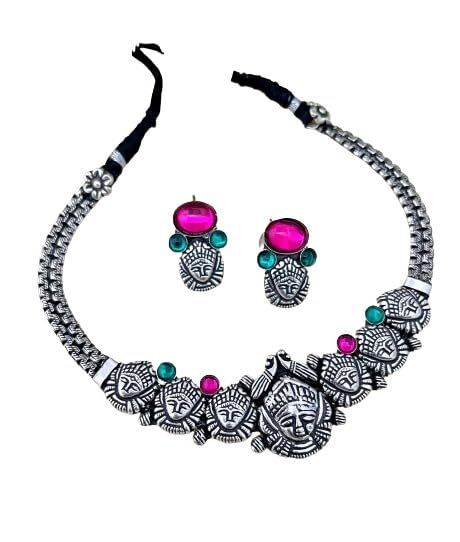 indiancraftsbykanika presents oxidized durga choker necklace set with matching earrings looks good on any woman