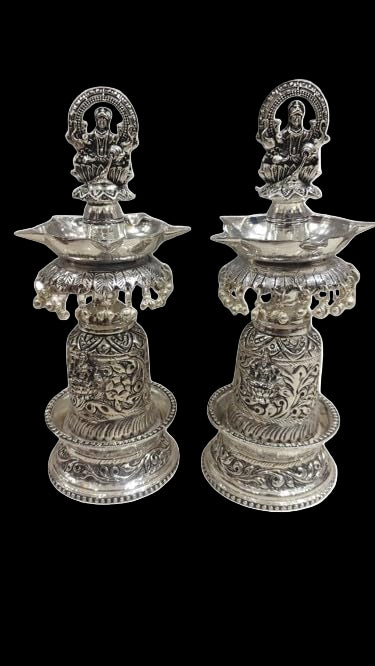 Silver Plated Antique Finish Fully Carved Lakshmi Diya Pair Set , 10" Height for Diwali