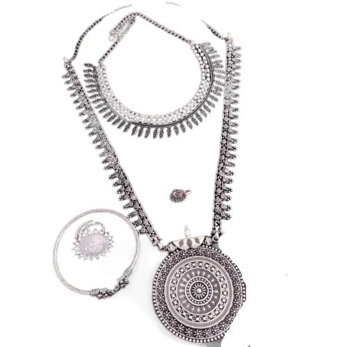 Germán silver oxidized jewelry necklace set - 2 necklaces with earrings, nose pin, adjustable bracelet and ring, gift for her