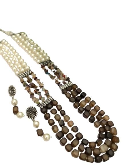 indiancraftsbykanika pearl with brown stone 3 layered necklace set with matching earrings