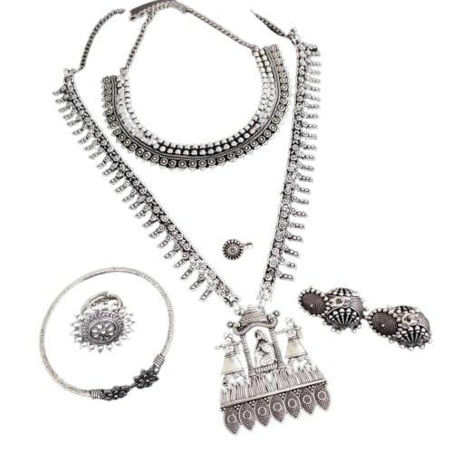 Germán silver oxidized combo jewelry necklace set - 2 necklaces with earrings, nose pin, adjustable bracelet and ring, gift for her