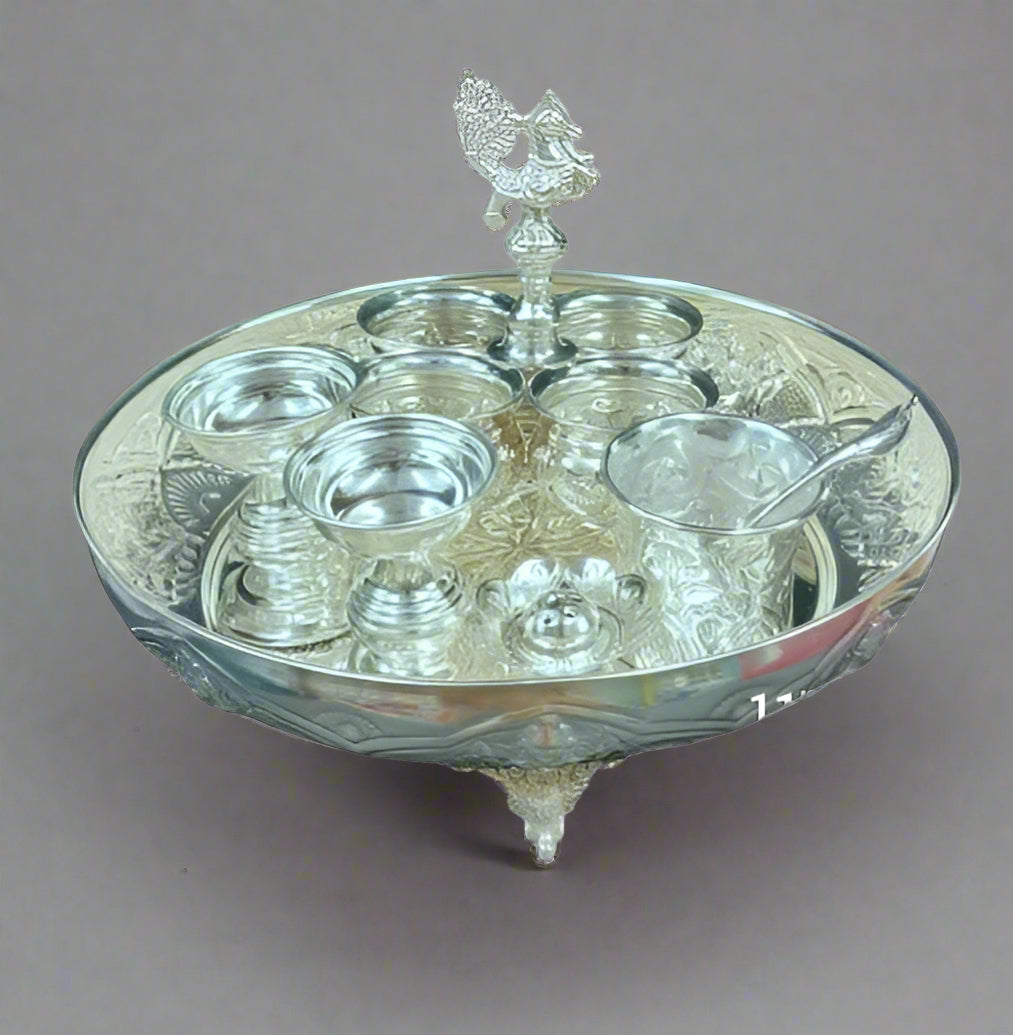 German silver Naxi Asta Laxmi Pooja set with legs for housewarming/Diwali festival