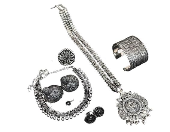 indiancraftsbykanika oxidized silver tone 2 necklace with matching earrings, adjustable toe ring, ring, nose pin, openable kada bracelet, 32 inches
