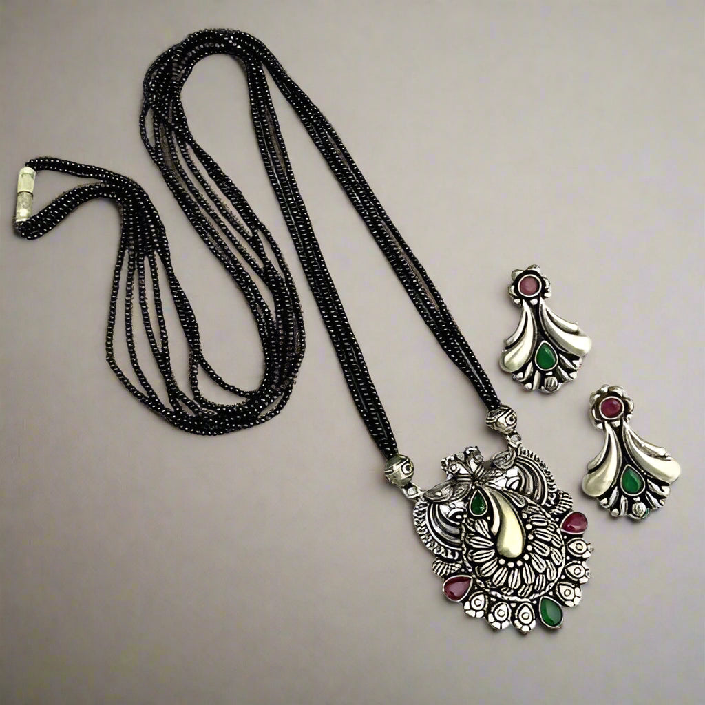 peacock German silver black beaded chain/Mangal sutra