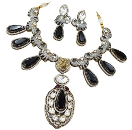 indiancraftsbykanika presents black color stone choker necklace jewelery set with matching earring