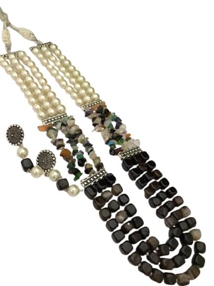indiancraftsbykanika pearl with multicolor stone 3 layered necklace set with matching earrings