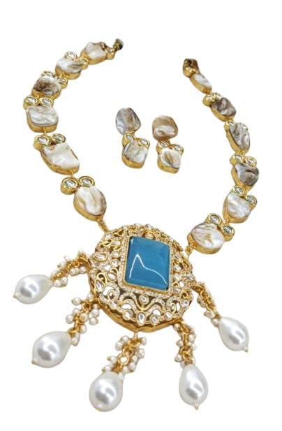 indiancraftsbykanika presents pear of mother stone blue color necklace jewelery set with matching earrings