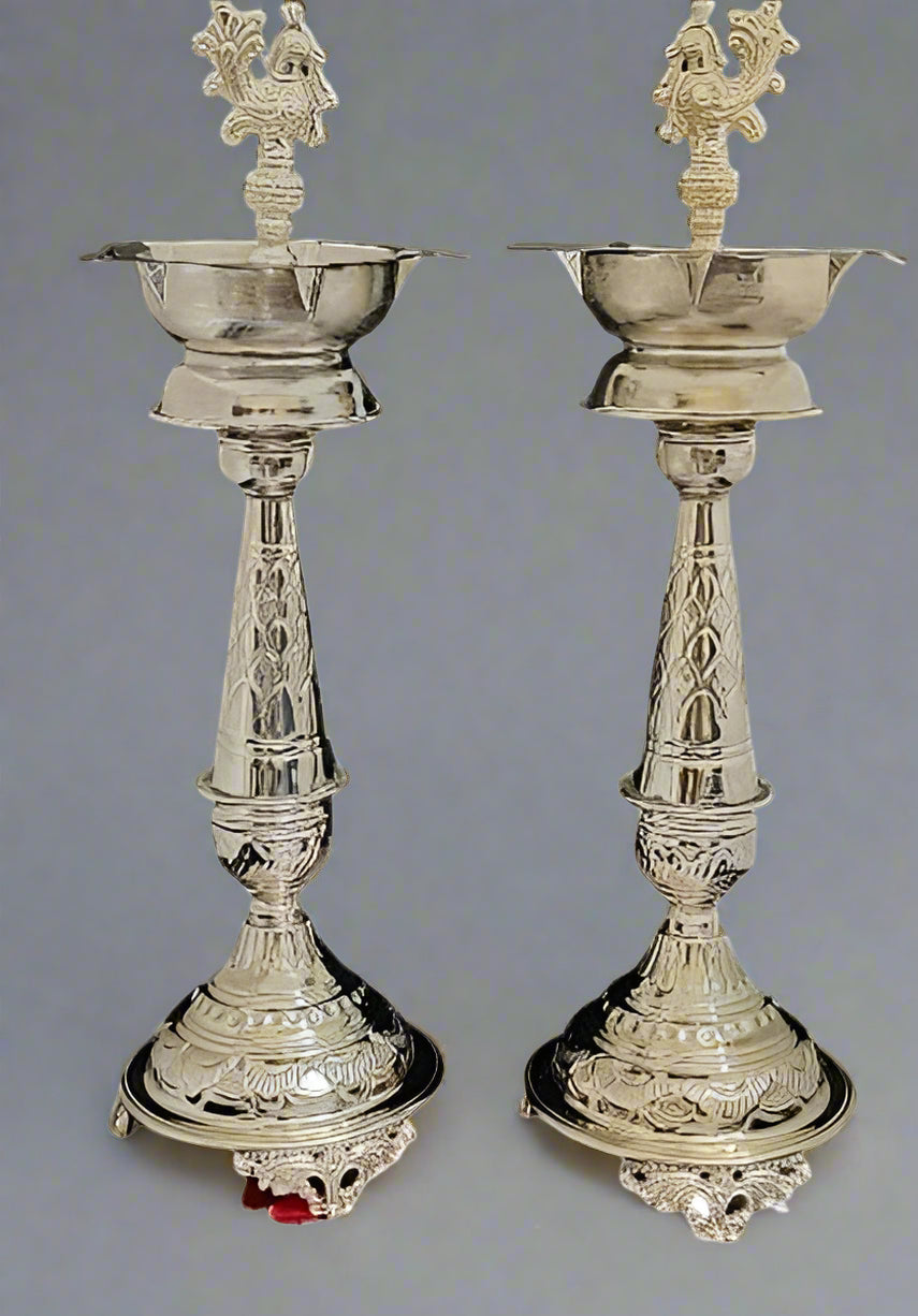 German Silver Peacock Diya Set Fully Carved 19" Height for Home Decor